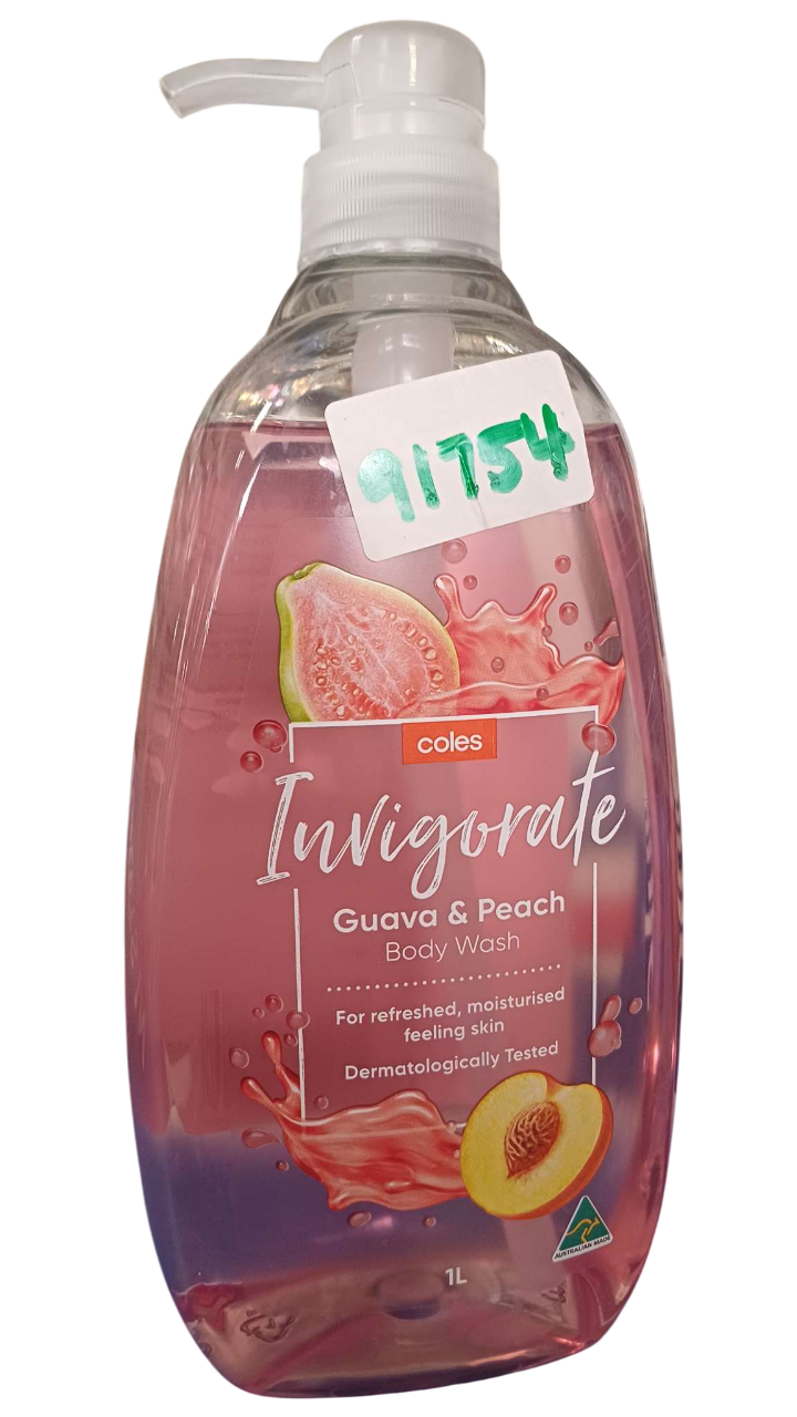 COLES INVIGORATE GUAVA&PEACH BODY WASH 1LTR*3PCS